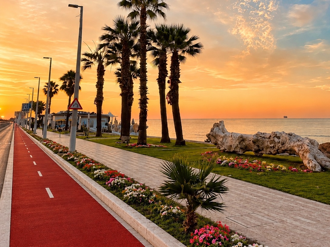 Lungomare di Porto Sant'Elpidio: palme, pista ciclabile e Mar Adriatico al tramonto